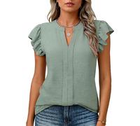 Women's Summer Casual V Neck Ruffle Sleeve Textured Blouse Navy Blue Short Sleeve Pleated Front Shirt Top for Daily Work Beach Vacation