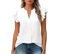 Women's Summer Casual V Neck Ruffle Sleeve Textured Blouse Navy Blue Short Sleeve Pleated Front Shirt Top for Daily Work Beach Vacation
