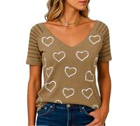 Women's Summer Casual V Neck T Shirt with Silver Heart Print and Striped Short Sleeves Loose Fit Pullover Top for Daily Wear Beach Vacation