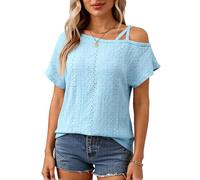 Women's Summer Cold Shoulder Eyelet Lace Top Short Sleeve Crochet Blouse Casual Loose Fit Hollow out Shirt for Beach Vacation Date Night Apricot