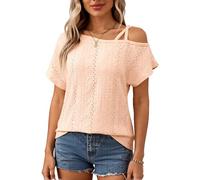 Women's Summer Cold Shoulder Eyelet Lace Top Short Sleeve Crochet Blouse Casual Loose Fit Hollow out Shirt for Beach Vacation Date Night Apricot