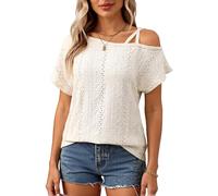 Women's Summer Cold Shoulder Eyelet Lace Top Short Sleeve Crochet Blouse Casual Loose Fit Hollow out Shirt for Beach Vacation Date Night Apricot