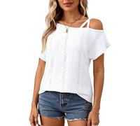 Women's Summer Cold Shoulder Eyelet Lace Top Short Sleeve Crochet Blouse Casual Loose Fit Hollow out Shirt for Beach Vacation Date Night Apricot
