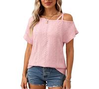 Women's Summer Cold Shoulder Eyelet Lace Top Short Sleeve Crochet Blouse Casual Loose Fit Hollow out Shirt for Beach Vacation Date Night Apricot