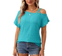 Women's Summer Cold Shoulder Eyelet Lace Top Short Sleeve Crochet Blouse Casual Loose Fit Hollow out Shirt for Beach Vacation Date Night Apricot
