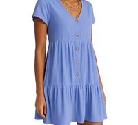 Women's Summer Cotton Linen Dress White V Neck Short Sleeve Button Down Casual Loose Fit Tiered Mini Dress for Beach Vacation Daily Wear
