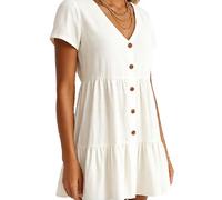 Women's Summer Cotton Linen Dress White V Neck Short Sleeve Button Down Casual Loose Fit Tiered Mini Dress for Beach Vacation Daily Wear