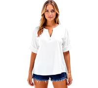 Women's Summer Cotton Linen V Neck Tunic Tops Short Sleeve Button Down Casual Loose Fit Blouse Elegant Plus Size Beach Shirt for Ladies