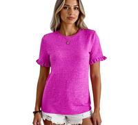 Women's Summer Crinkle Textured T-Shirt with Ruffle Short Sleeves Casual Loose Fit Crew Neck Solid Color Top for Daily Wear Beach Vacation