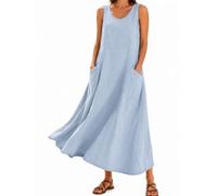 Womens Summer Dress Round Neck Sleeveless Cotton Blend A-Line Maxi Dress with Pockets Casual Beach Vacation Sundress 2026 (Sky Blue,M)