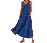 Womens Summer Dress Round Neck Sleeveless Cotton Blend A-Line Maxi Dress with Pockets Casual Beach Vacation Sundress 2026 (Blue,XL)