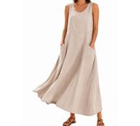 Womens Summer Dress Round Neck Sleeveless Cotton Blend A-Line Maxi Dress with Pockets Casual Beach Vacation Sundress 2026 (Khaki,XL)