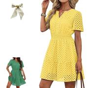 Women's Summer Dresses 2026 V Neck Eyelet Lace Short Dress,Cute Short Sleeve A Line Hollow out Lace Tunic Spring Dresses (FR/ES, Letras, M, Regular, Regular, Yellow)