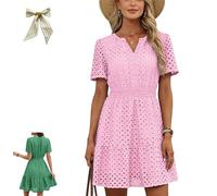 Women's Summer Dresses 2026 V Neck Eyelet Lace Short Dress,Cute Short Sleeve A Line Hollow out Lace Tunic Spring Dresses (FR/ES, Letras, XL, Regular, Regular, Pink)