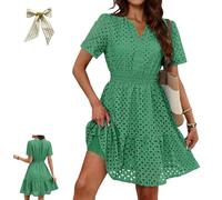 Women's Summer Dresses 2026 V Neck Eyelet Lace Short Dress,Cute Short Sleeve A Line Hollow out Lace Tunic Spring Dresses (FR/ES, Letras, XXL, Regular, Regular, Green)