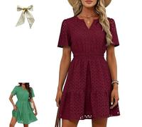 Women's Summer Dresses 2026 V Neck Eyelet Lace Short Dress,Cute Short Sleeve A Line Hollow out Lace Tunic Spring Dresses (FR/ES, Letras, M, Regular, Regular, Red)
