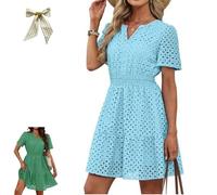 Women's Summer Dresses 2026 V Neck Eyelet Lace Short Dress,Cute Short Sleeve A Line Hollow out Lace Tunic Spring Dresses (FR/ES, Letras, M, Regular, Regular, Blue)