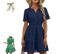 Women's Summer Dresses 2026 V Neck Eyelet Lace Short Dress,Cute Short Sleeve A Line Hollow out Lace Tunic Spring Dresses (FR/ES, Letras, XXL, Regular, Regular, Dark Blue)