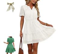 Women's Summer Dresses 2026 V Neck Eyelet Lace Short Dress,Cute Short Sleeve A Line Hollow out Lace Tunic Spring Dresses (FR/ES, Letras, XS, Regular, Regular, White)