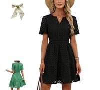 Women's Summer Dresses 2026 V Neck Eyelet Lace Short Dress,Cute Short Sleeve A Line Hollow out Lace Tunic Spring Dresses (FR/ES, Letras, XXL, Regular, Regular, Black)