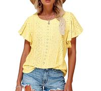 Women's Summer Eyelet Blouse Loose Fit Round Neck Ruffle Short Sleeve Casual Cotton Top Sage Green Vacation Shirt Boho Chic Beachwear