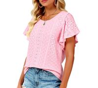 Women's Summer Eyelet Lace Top Short Sleeve Ruffle Hollow out Blouse Casual Loose Fit Round Neck Tunic Shirt for Ladies Beach Vacation Black