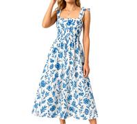 Women's Summer Floral Print Dress Square Neck Tie Shoulder Straps Smocked Waist A-Line Midi Dress Boho Beach Vacation Sundress Elegant Blue White