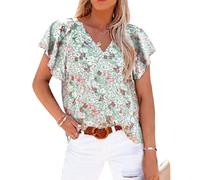 Women's Summer Floral Print V Neck Short Sleeve Blouse Casual Loose Fit Ruffle Sleeve Pullover Top for Vacation Beach Daily Wear Green