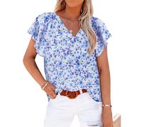 Women's Summer Floral Print V Neck Short Sleeve Blouse Casual Loose Fit Ruffle Sleeve Pullover Top for Vacation Beach Daily Wear Green