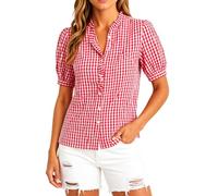 Women's Summer Gingham Button Down Shirt Ruffle V Neck Short Sleeve Plaid Blouse Casual Loose Fit Checkered Top for Work Daily Wear Fashion
