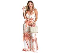 Women's Summer Halter Neck Jumpsuit Tropical Leaf Print Wide Leg Pants High Waist Backless Romper Beach Vacation Outfit Casual Party Wear