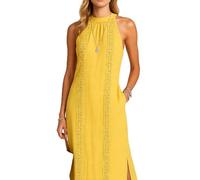 Women's Summer Halter Neck Maxi Dress Sleeveless Lime Green Vacation Beach Dress with Lace Insert Side Slit Pockets Casual Flowy Sundress for Resort Wear