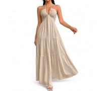Women's Summer Halter V Neck Maxi Dress, Backless A Line Beach Vacation Dress, Flowy Tiered Sundress (Apricot,S)