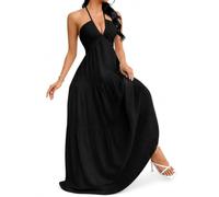 Women's Summer Halter V Neck Maxi Dress, Backless A Line Beach Vacation Dress, Flowy Tiered Sundress (Black,M)