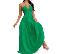 Women's Summer Halter V Neck Maxi Dress, Backless A Line Beach Vacation Dress, Flowy Tiered Sundress (Green,M)