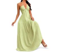 Women's Summer Halter V Neck Maxi Dress, Backless A Line Beach Vacation Dress, Flowy Tiered Sundress (Light Green,S)