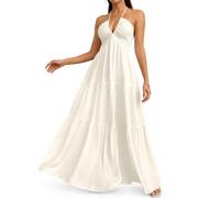 Women's Summer Halter V Neck Maxi Dress, Backless A Line Beach Vacation Dress, Flowy Tiered Sundress (Off-White,XXL)