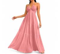 Women's Summer Halter V Neck Maxi Dress, Backless A Line Beach Vacation Dress, Flowy Tiered Sundress (Pink,L)