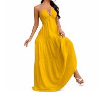 Women's Summer Halter V Neck Maxi Dress, Backless A Line Beach Vacation Dress, Flowy Tiered Sundress (Yellow,M)