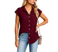 Women's Summer Linen Button Down Shirt Short Sleeve Casual Loose Fit Blouse with Pockets Lightweight Beach Vacation Top for Ladies Pink