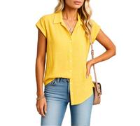 Women's Summer Linen Button Down Shirt Short Sleeve Casual Loose Fit Blouse with Pockets Lightweight Beach Vacation Top for Ladies Pink