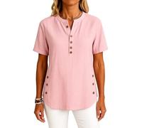 Women's Summer Linen Henley Tunic Top Short Sleeve Casual Loose Fit Button Down Shirt Beach Vacation Blouse with Side Slits Off White