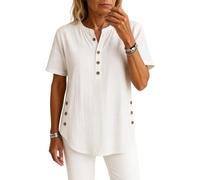 Women's Summer Linen Henley Tunic Top Short Sleeve Casual Loose Fit Button Down Shirt Beach Vacation Blouse with Side Slits Off White