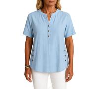 Women's Summer Linen Henley Tunic Top Short Sleeve Casual Loose Fit Button Down Shirt Beach Vacation Blouse with Side Slits Off White
