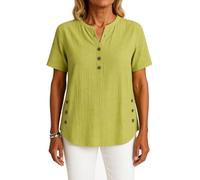 Women's Summer Linen Henley Tunic Top Short Sleeve Casual Loose Fit Button Down Shirt Beach Vacation Blouse with Side Slits Off White