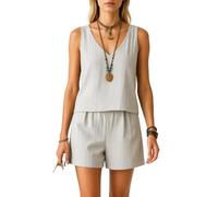 Women's Summer Linen Two Piece Set Sleeveless V Neck Tank Top and Shorts Casual Loose Fit Beach Vacation Outfit Light Pink Loungewear