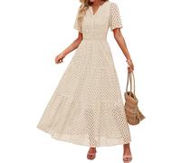 Women's Summer Maxi Dress Short Sleeve Casual V Neck Hollow out Eyelet A Line Long Flowy Beach Vacation Party Dresses(Beige,XL)