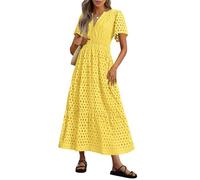 Women's Summer Maxi Dress Short Sleeve Casual V Neck Hollow out Eyelet A Line Long Flowy Beach Vacation Party Dresses(Yellow,L)