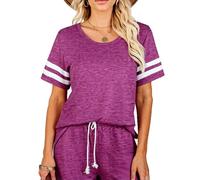 Women's Summer Pajama Sets Short Sleeve Striped T Shirt and Shorts Two Piece Lounge Wear Casual Sleepwear Outfits Soft Breathable Home Suit