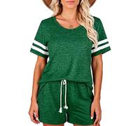 Women's Summer Pajama Sets Short Sleeve Striped T Shirt and Shorts Two Piece Lounge Wear Casual Sleepwear Outfits Soft Breathable Home Suit